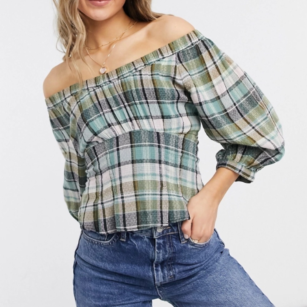 NWT - Free People Women's Teagan Plaid Puff Sleeve -   xs